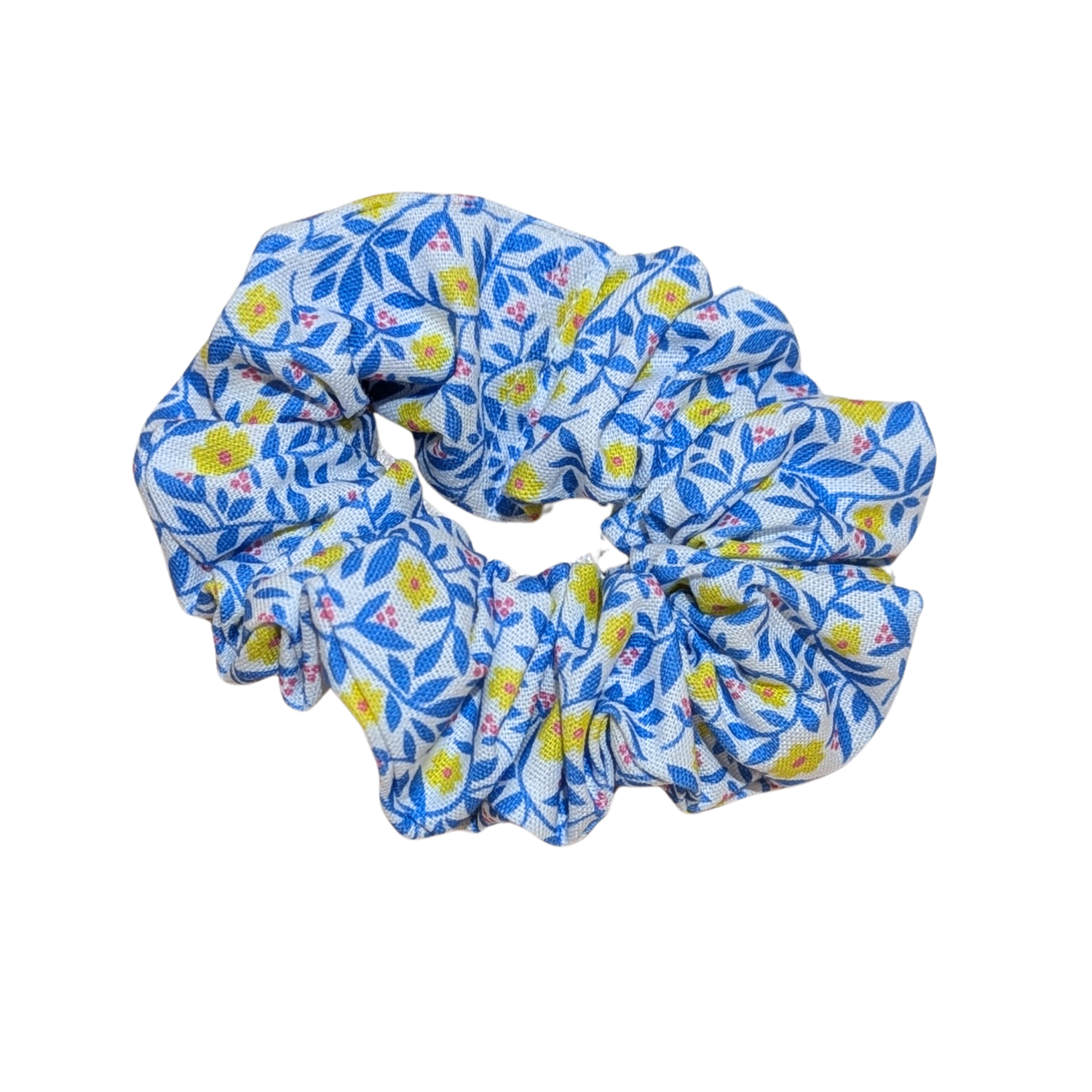 Handmade blue and yellow scrunchie with lemon and leaf floral design