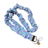 Blue and purple patterned teacher lanyard with a keychain on a white background and silver clasp