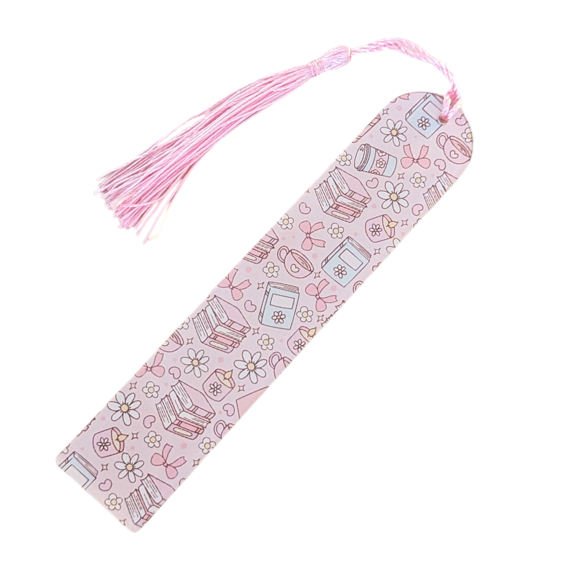 Handmade acrylic bookmark featuring pastel books, flowers, and bows with pink tassel.
