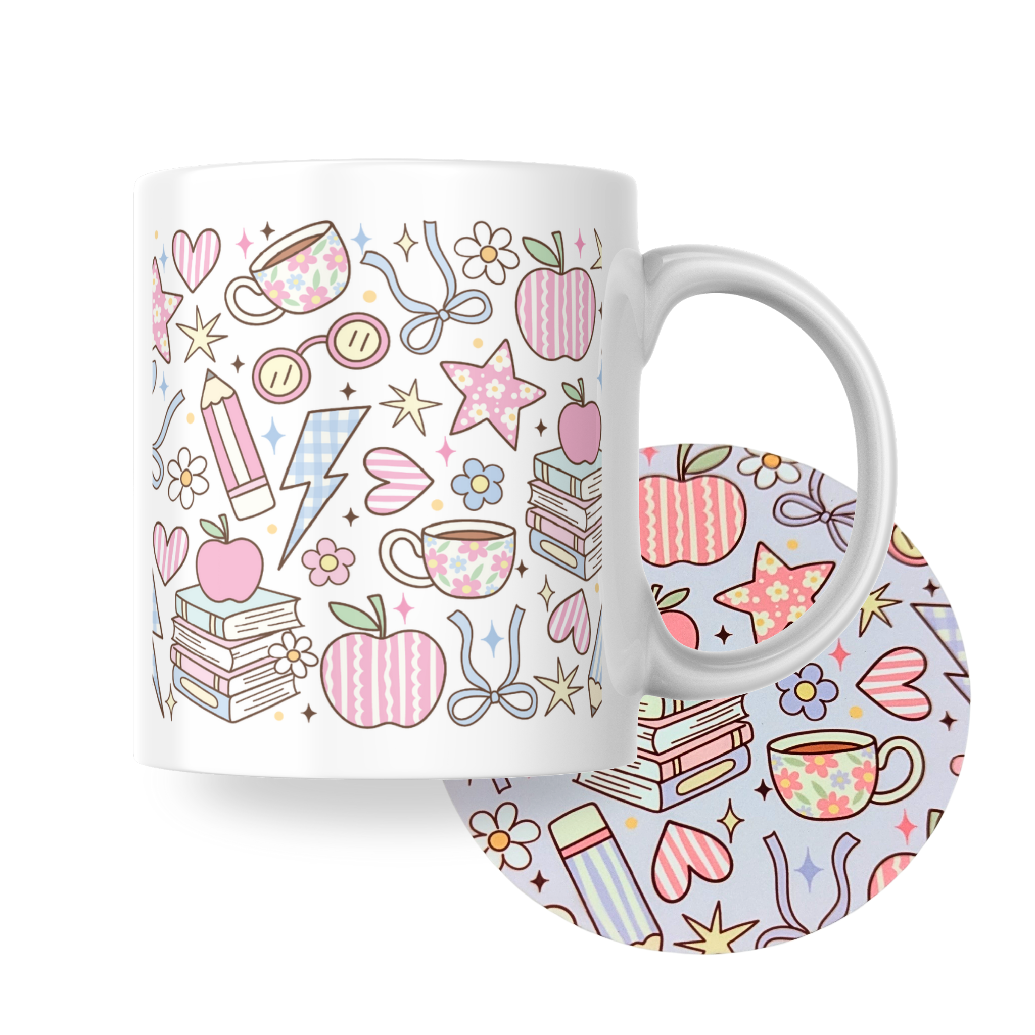 Books and coffee ceramic mug and printed coaster set with pink floral accents from Priority Play.