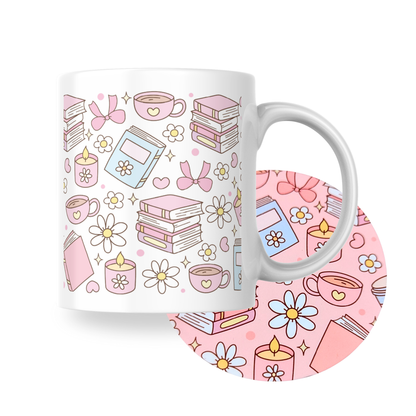 Books and coffee ceramic mug and printed coaster set with pink floral accents from Priority Play.