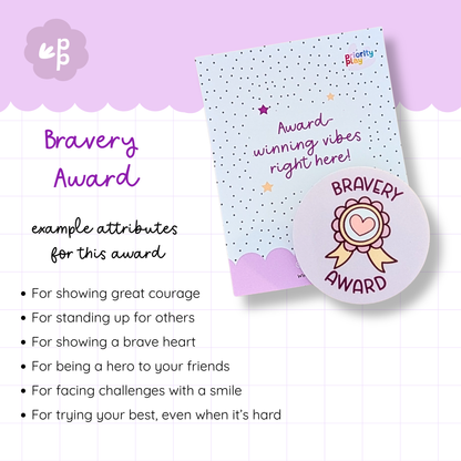 Bravery Award badge from Priority Play with a purple rosette design, presented on a motivational backing card with example attributes for students showing courage and kindness.