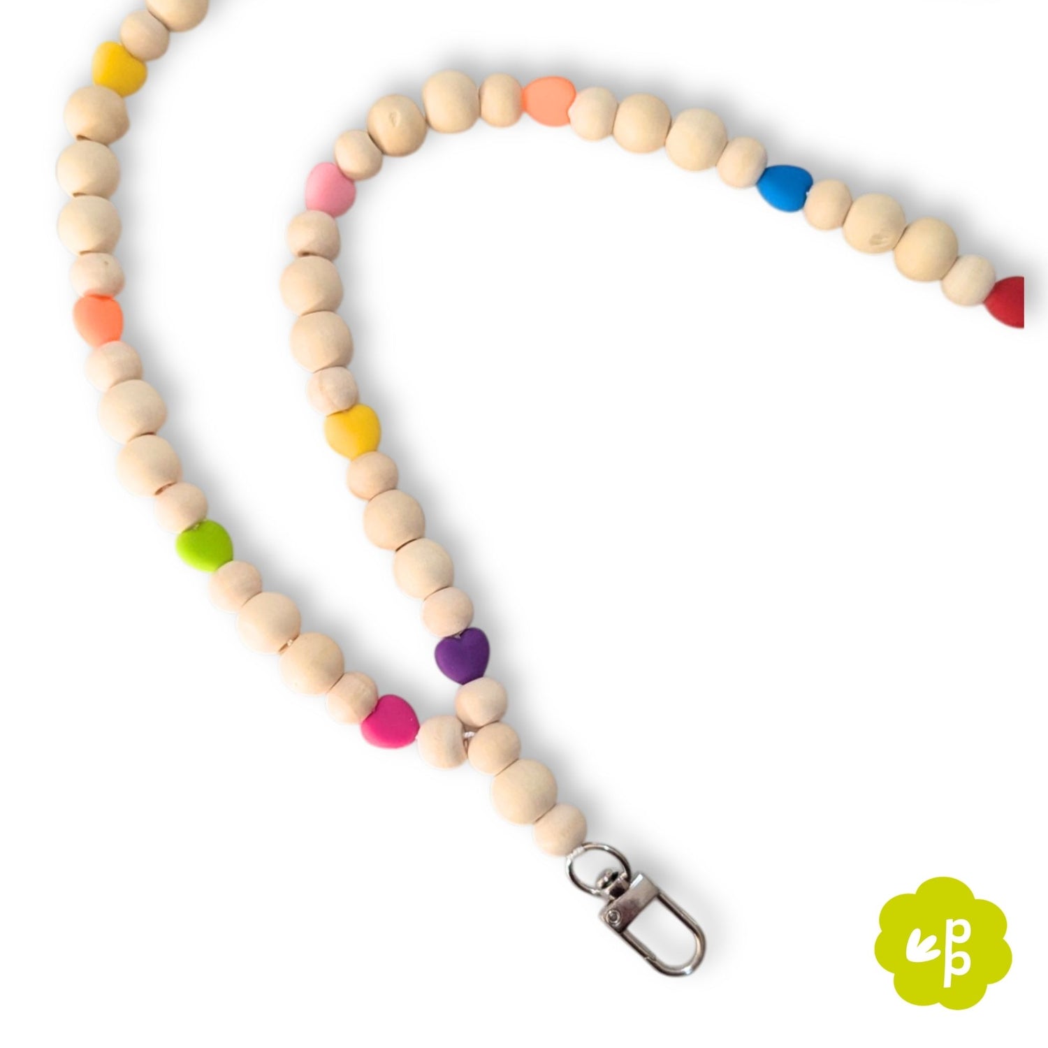 Colourful beaded lanyard with natural wood beads and bright heart accents, handmade teacher accessory
