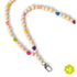 Colourful beaded lanyard with natural wood beads and bright heart accents, handmade teacher accessory