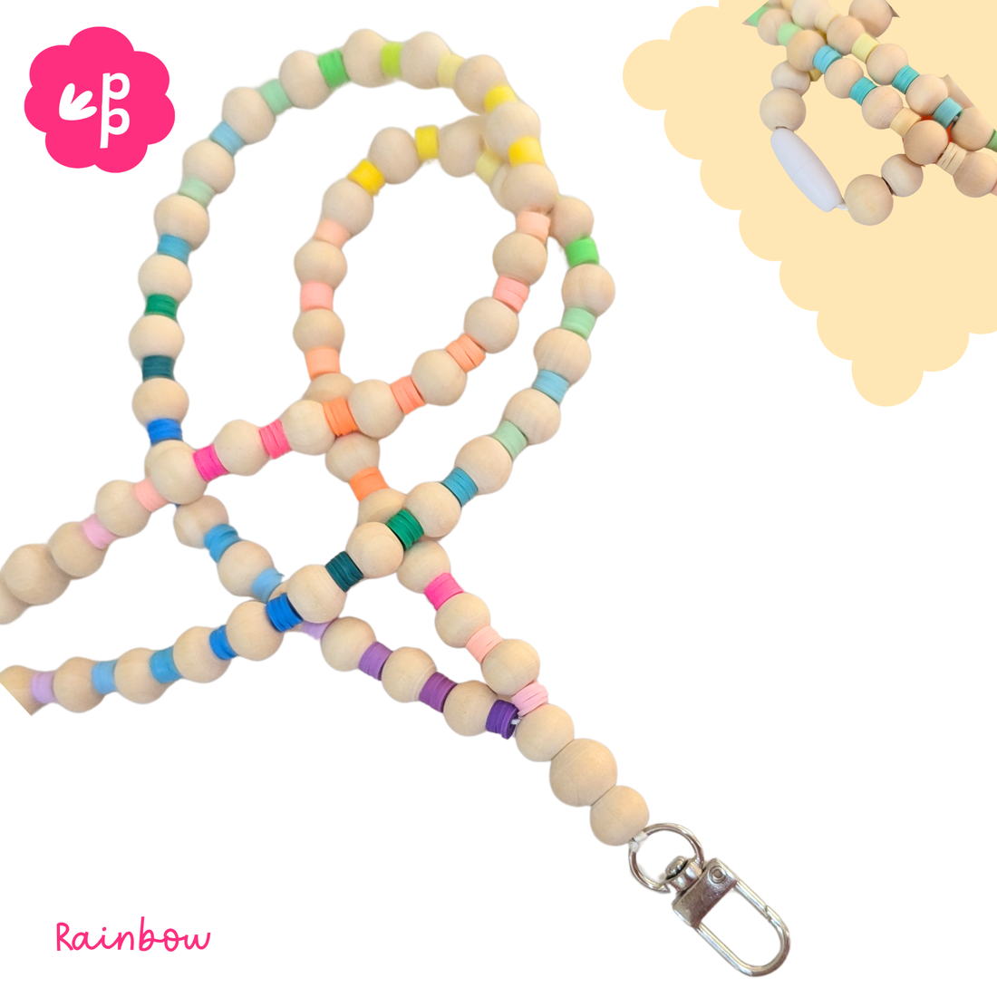 Bright rainbow wooden bead teacher lanyard with secure metal clasp – colourful and fun classroom accessory.