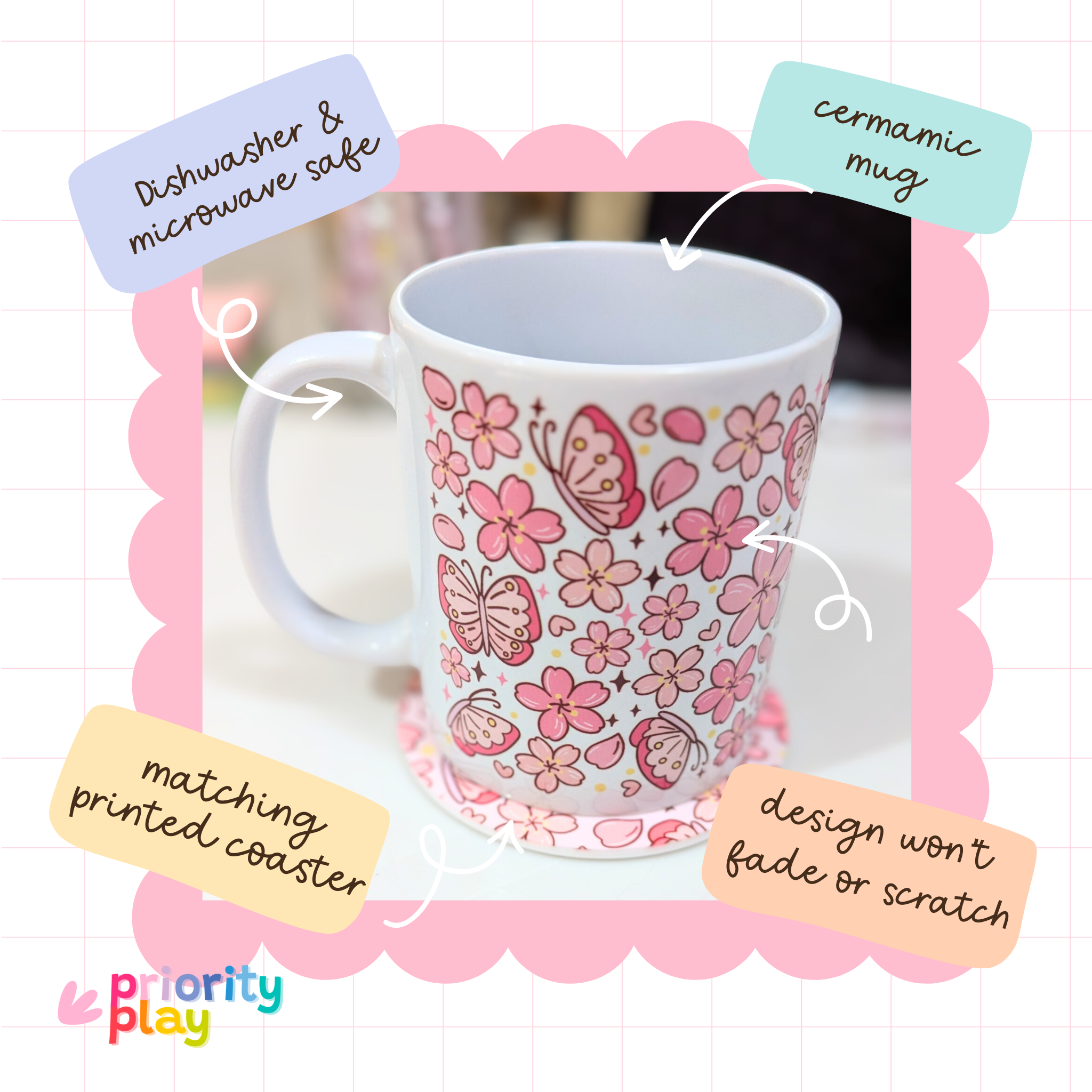 Flatlay of pink butterfly and blossom themed ceramic mug and printed coaster set from Priority Play.