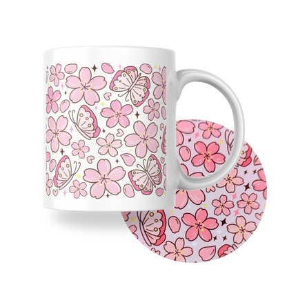 Ceramic mug and coaster set with pink butterfly and blossom print by Priority Play.