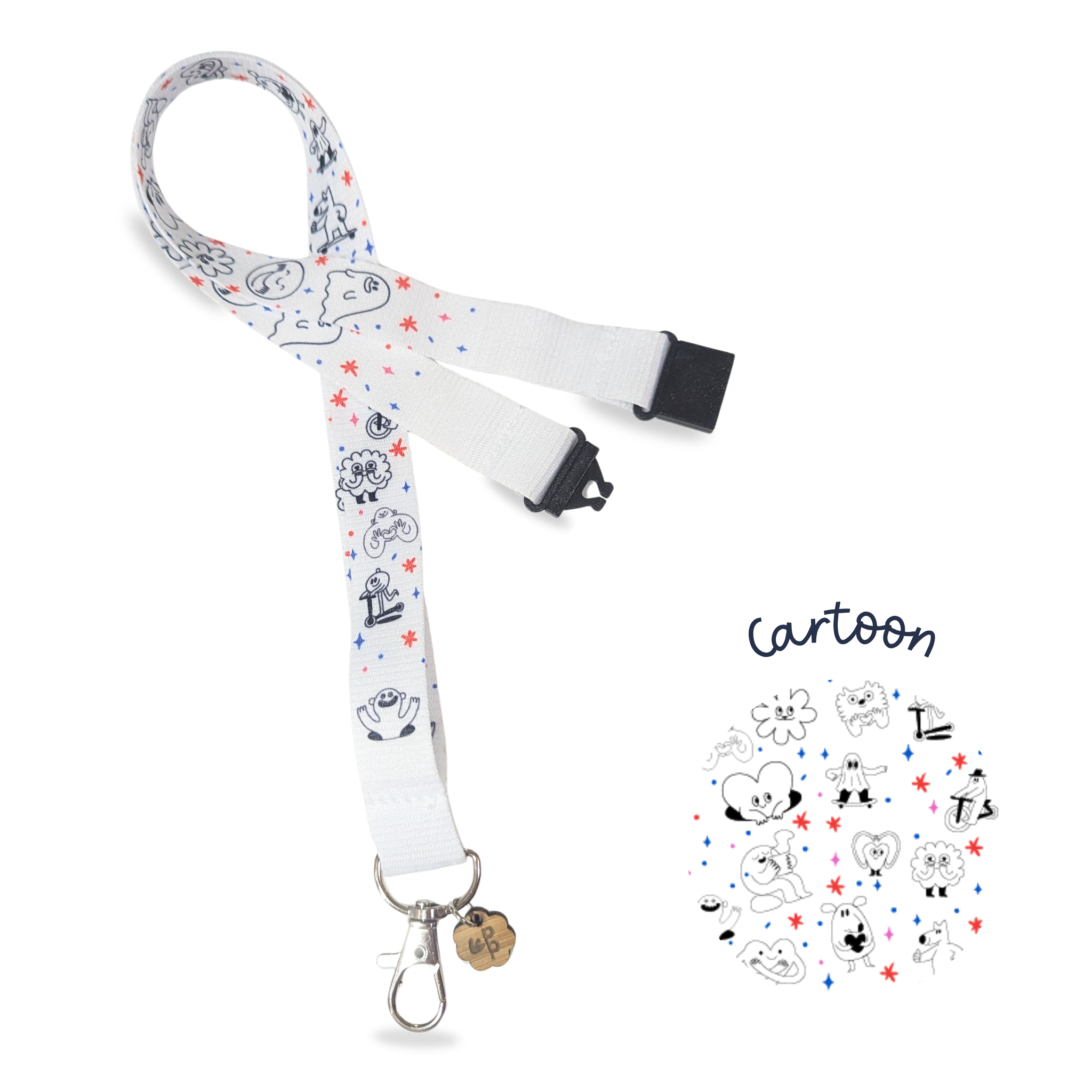 White lanyard with cartoon character design and red stars on a white background