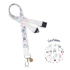 White lanyard with cartoon character design and red stars on a white background