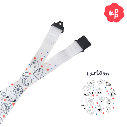 White lanyard with cartoon character design on a white background and black breakaway clasp.