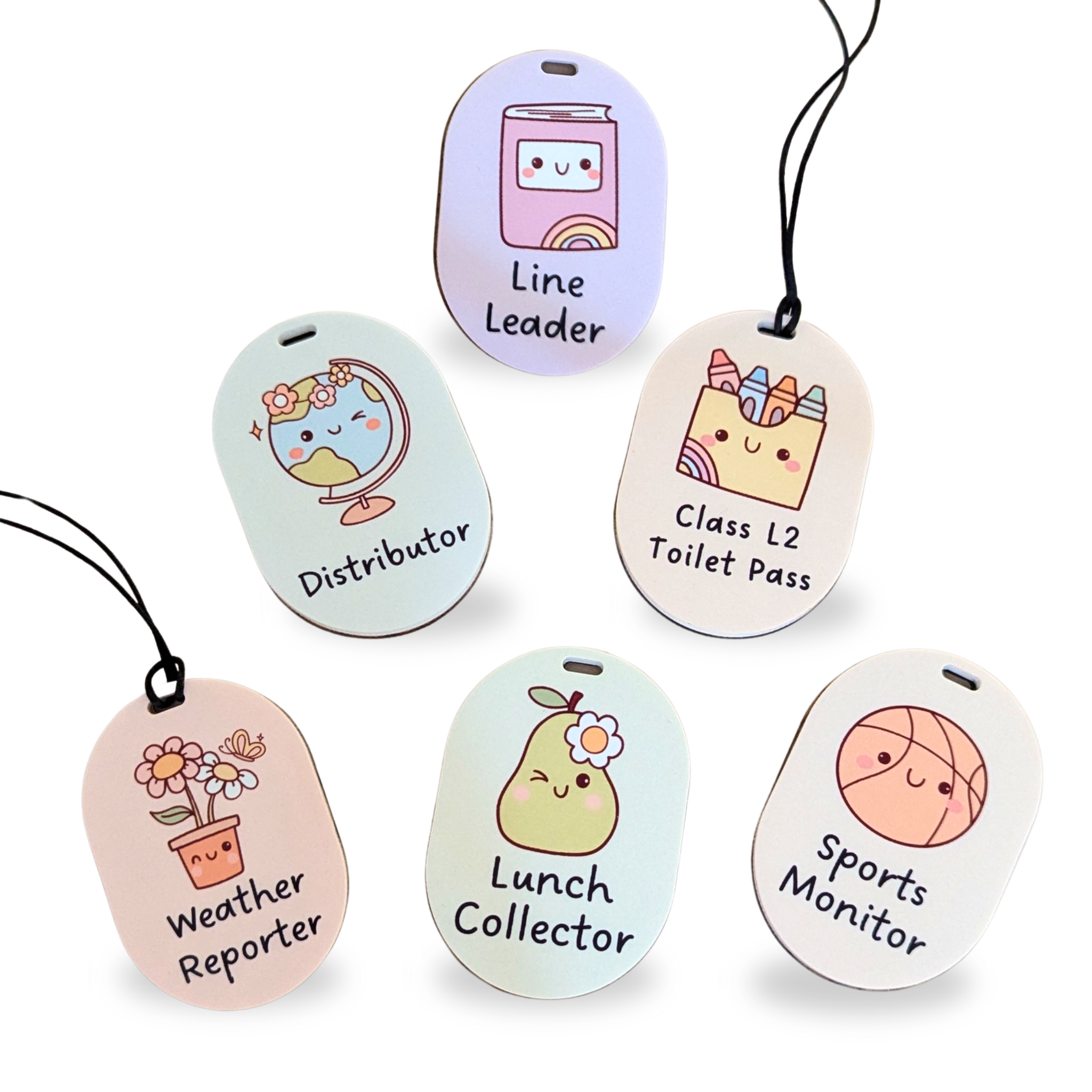 Set of six classroom job tags for kids – Line Leader, Distributor, Sports Monitor, Weather Reporter, Lunch Collector, and Toilet Pass – by Priority Play