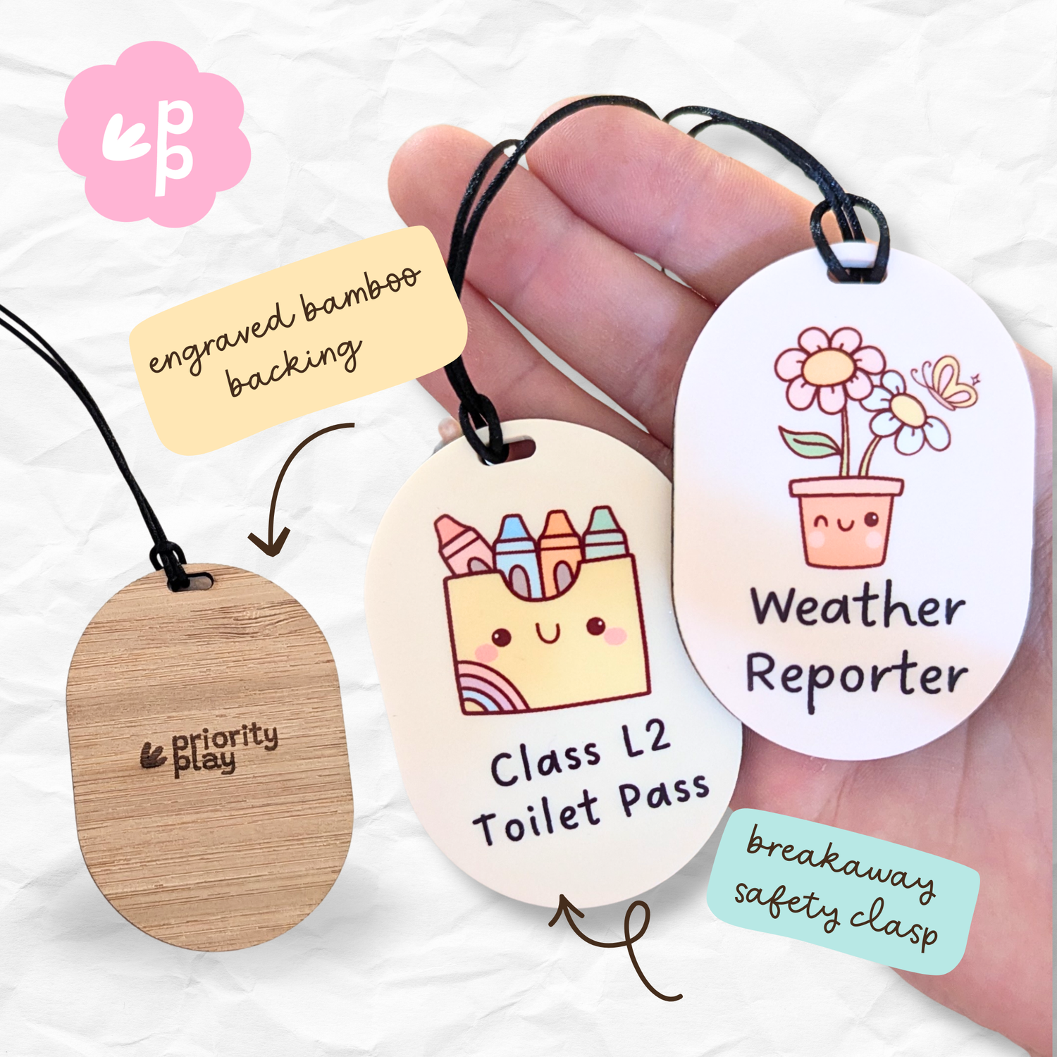 Classroom passes including Weather Reporter and Toilet Pass tags featuring engraved bamboo backing and breakaway safety clasp by Priority Play