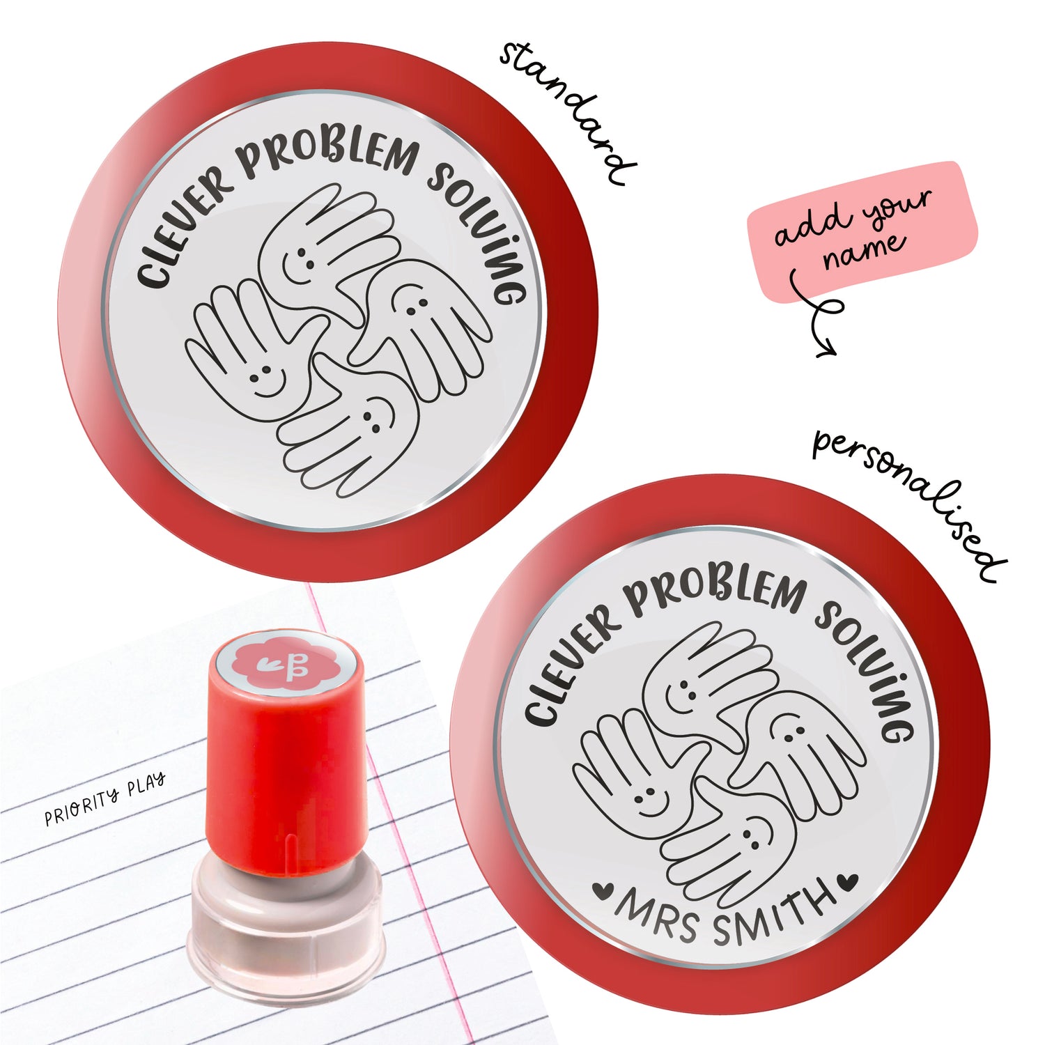 Clever Problem Solving teacher stamp featuring four smiling hand illustrations arranged in a circle, available standard and personalised