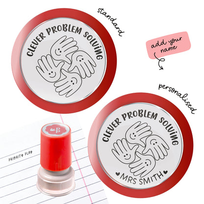 Clever Problem Solving teacher stamp featuring four smiling hand illustrations arranged in a circle, available standard and personalised