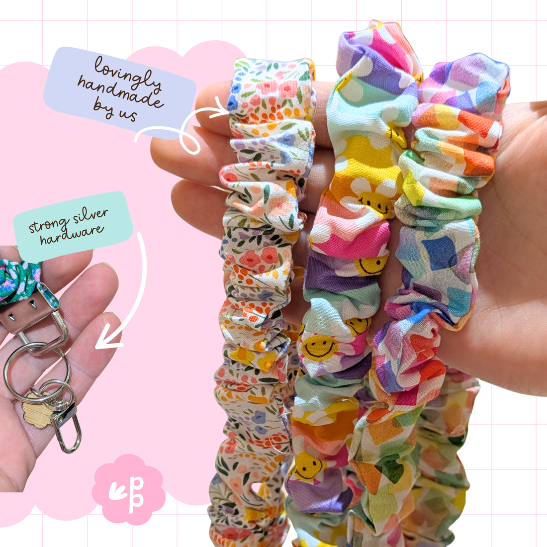 Colorful handmade fabric key fob wristlets for teachers featuring rainbow, floral, and smiley face prints with durable silver keyring.
