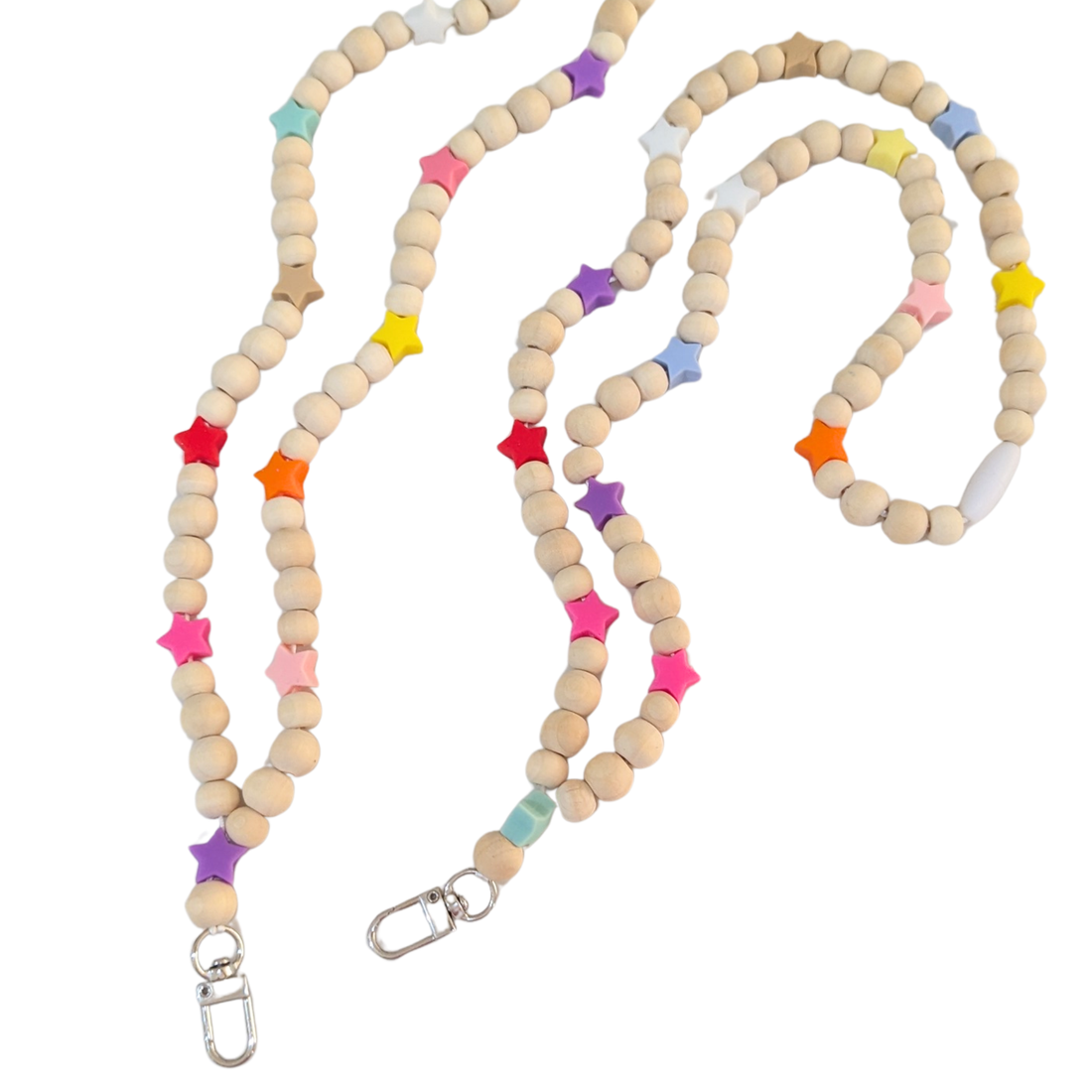 Colourful silicone star and wooden beaded lanyards for teachers with safety breakaway clasp and silver clip.