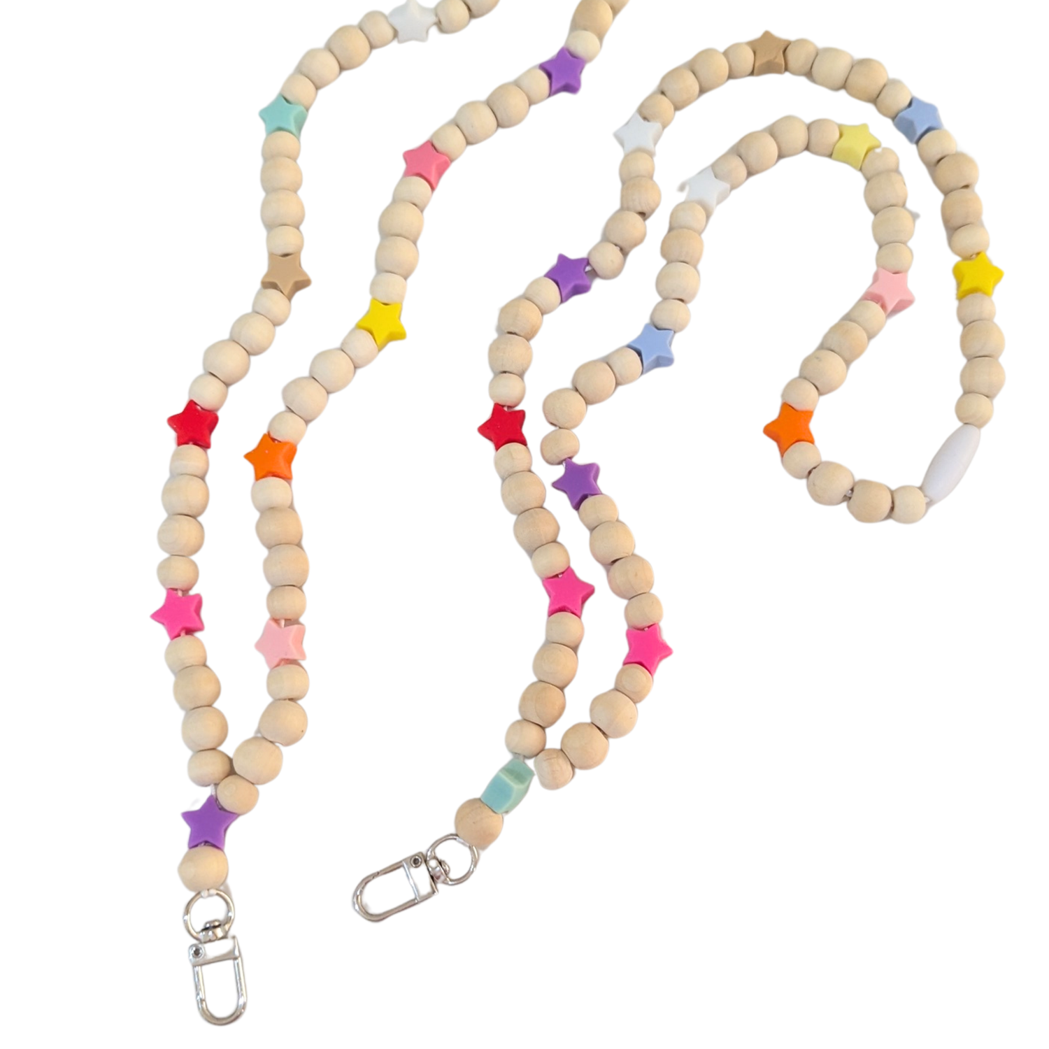 Colourful silicone star and wooden beaded lanyards for teachers with safety breakaway clasp and silver clip.