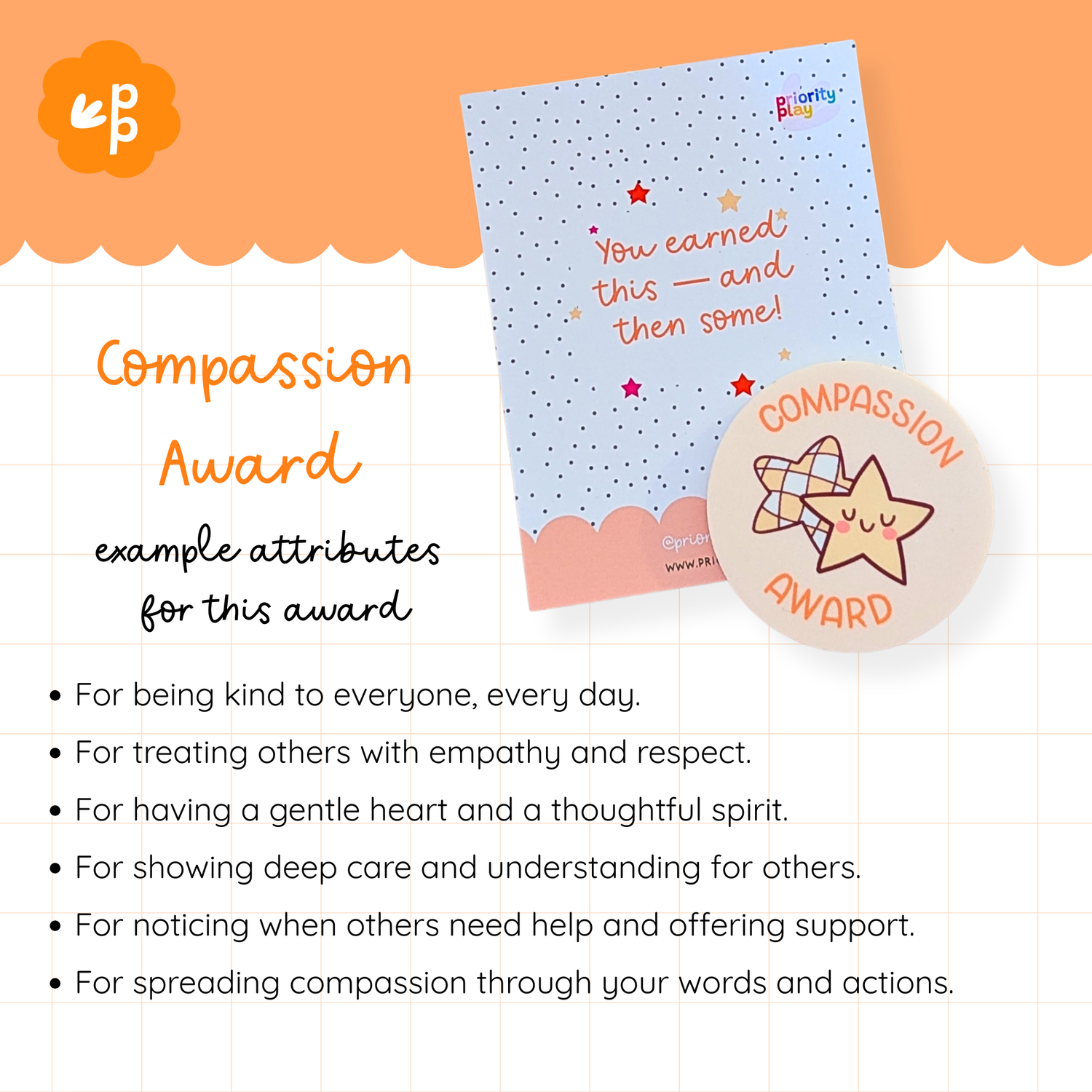 Compassion Award badge from Priority Play featuring a cute star design, highlighting empathy, care, and understanding in students.