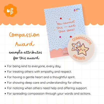 Compassion Award badge from Priority Play featuring a cute star design, highlighting empathy, care, and understanding in students.