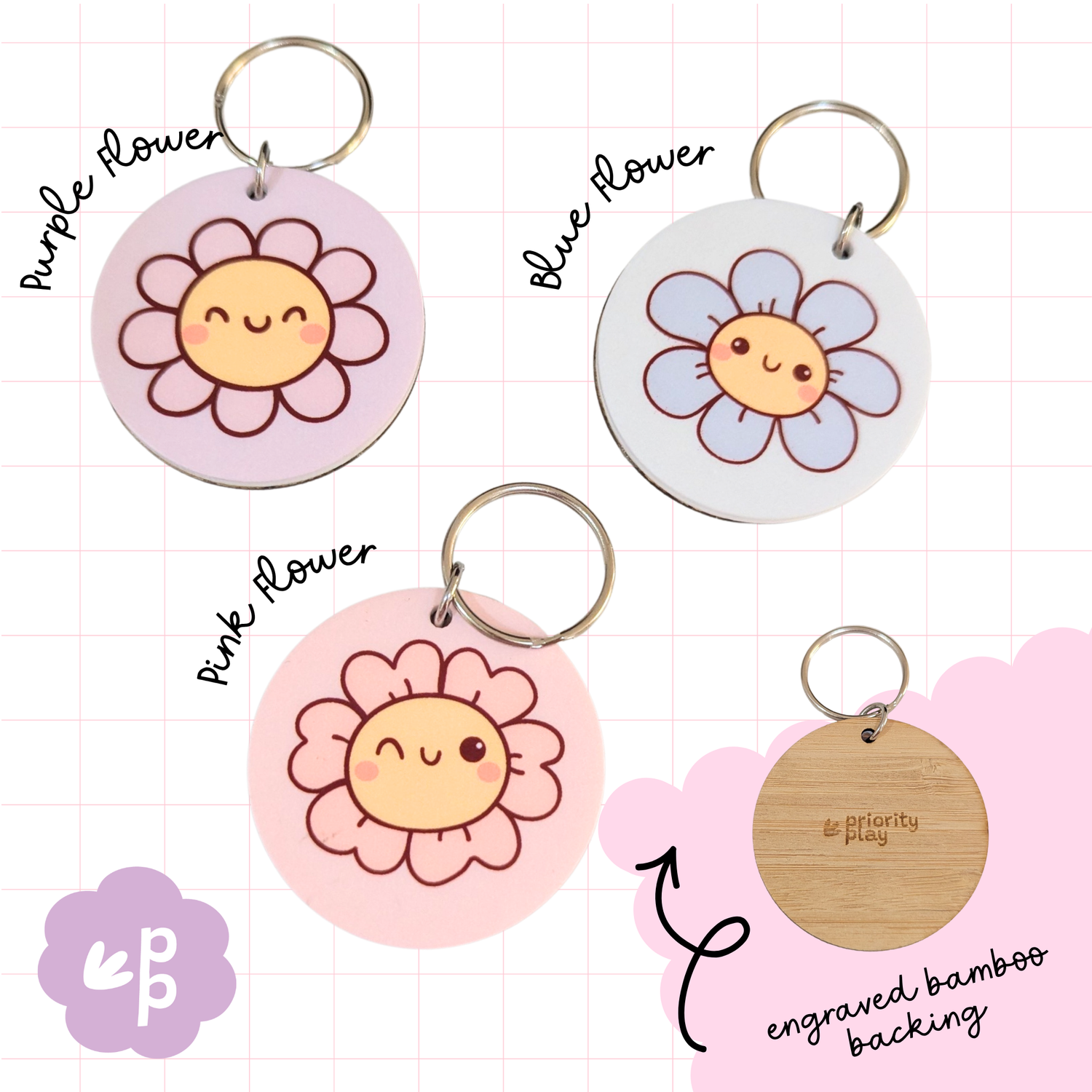 Cupcake, red apple, and disco ball keyrings with engraved bamboo backing and pastel colors — fun and unique keychain gifts by Priority Play.
