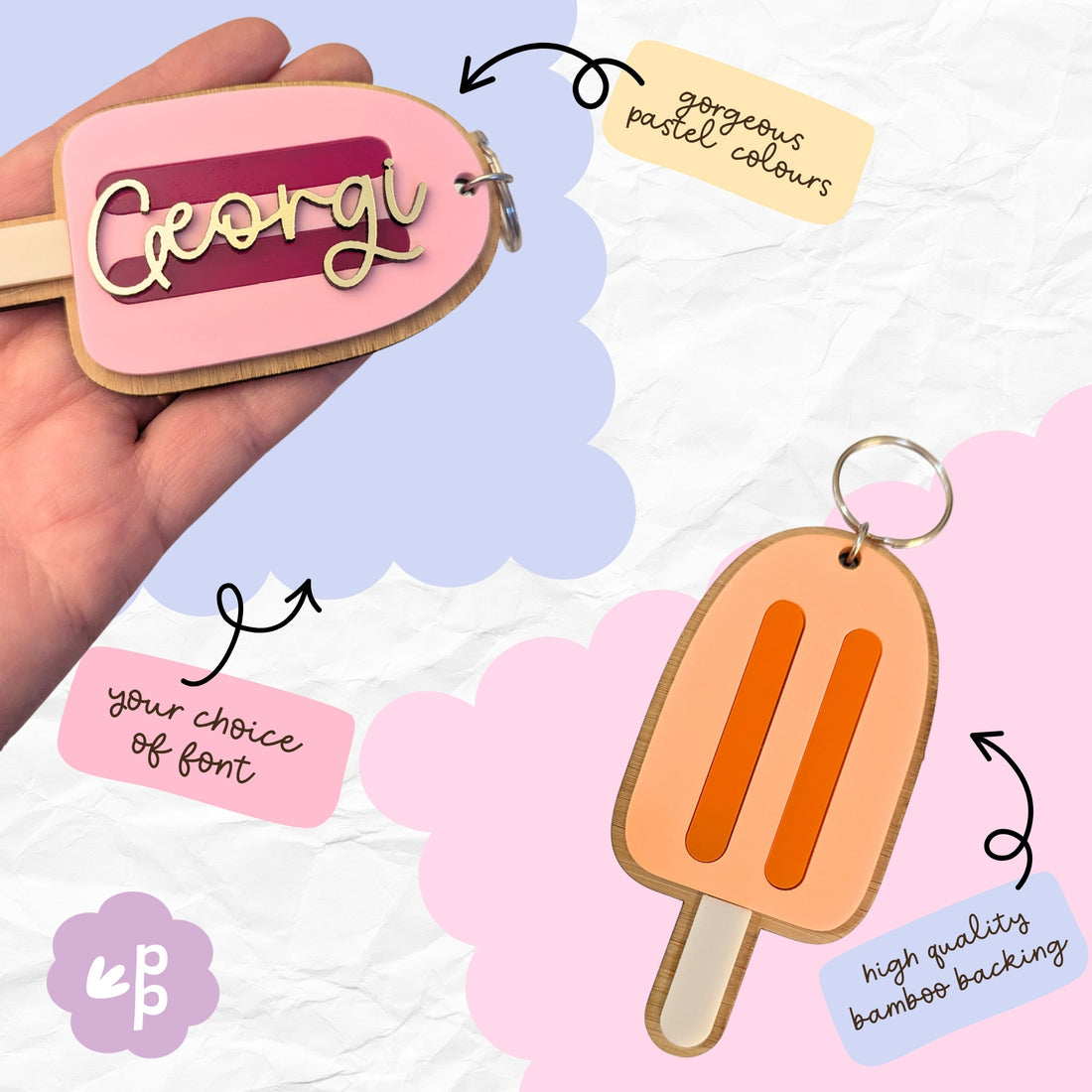 Personalised keychain features including pastel colour options, custom fonts and high quality bamboo backing
