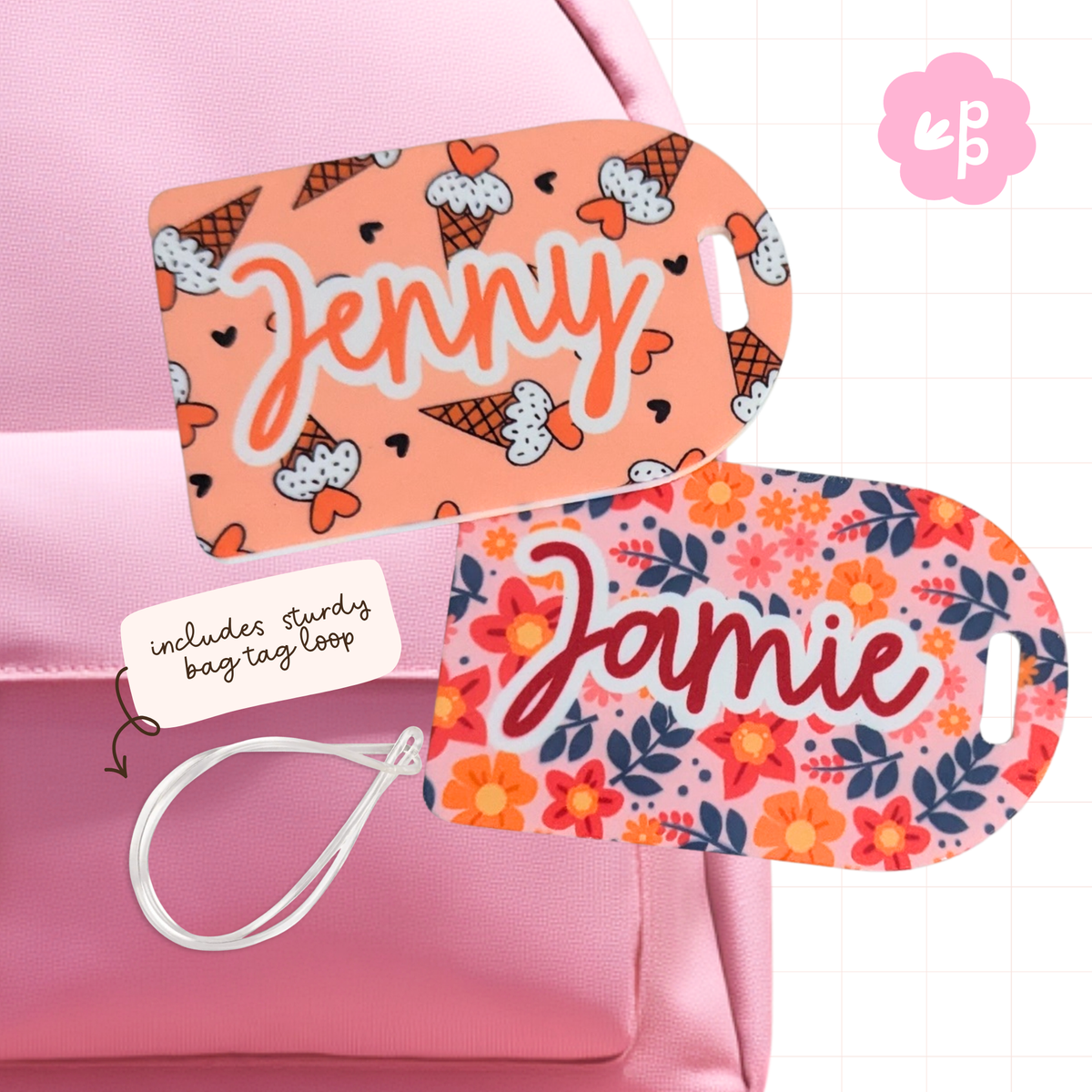 Custom kids bag tags with cute floral and ice cream patterns attached to a backpack, personalised name tags by Priority Play