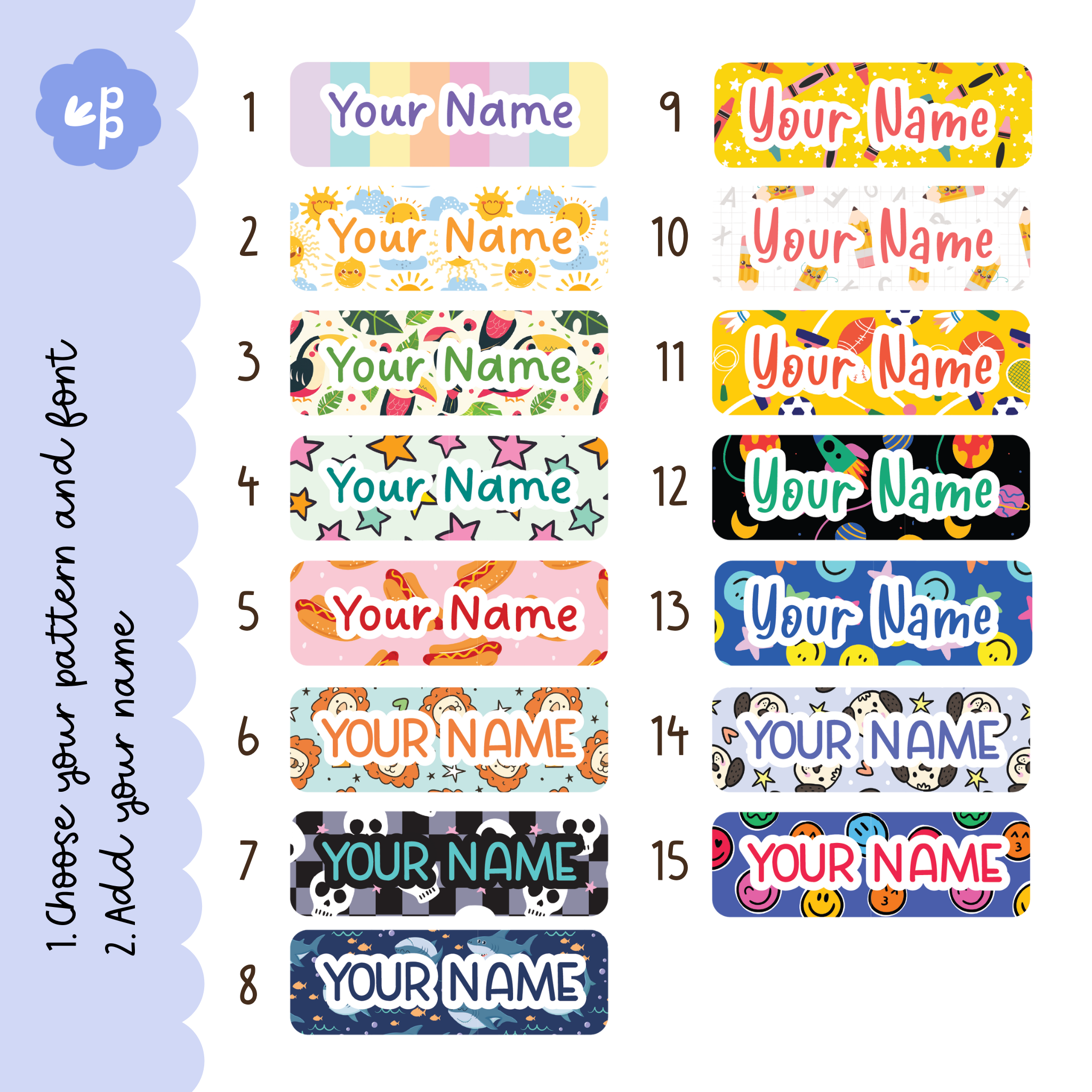 Custom magnetic or pin-back bamboo teacher name badges with vibrant patterned designs and font options, handmade by Priority Play.