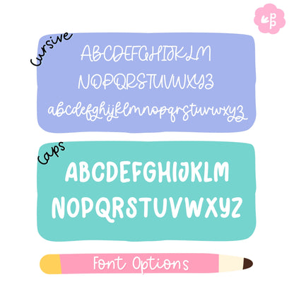 Font options for personalised name keychains including cursive script and bold uppercase styles for custom designs