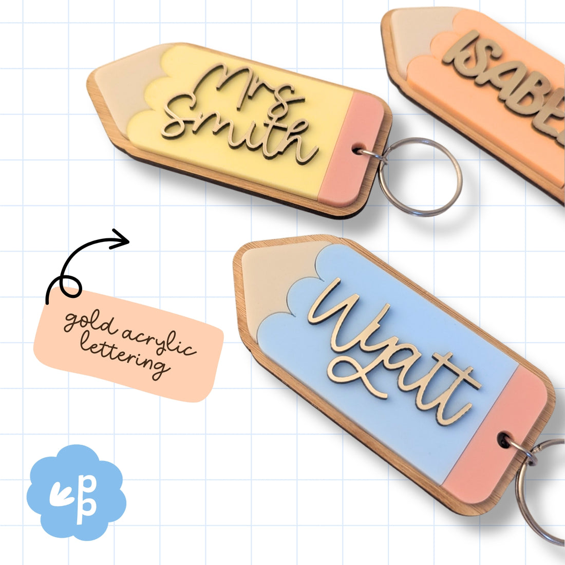Close up of personalised pencil keyring with raised gold acrylic name lettering and bamboo backing detail
