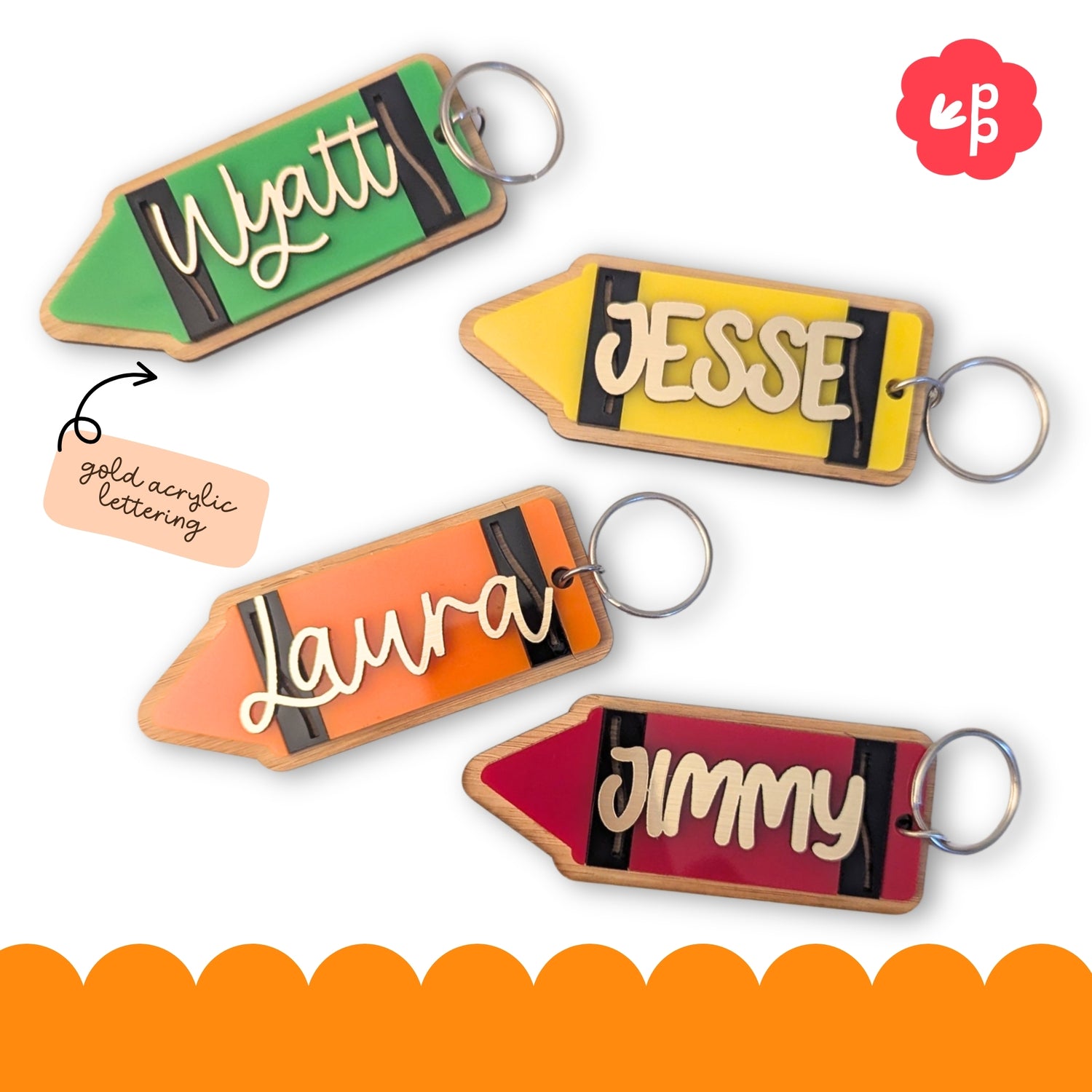 Custom pencil name keychain with gold acrylic lettering on bright coloured backgrounds, personalised gift idea for teachers and students