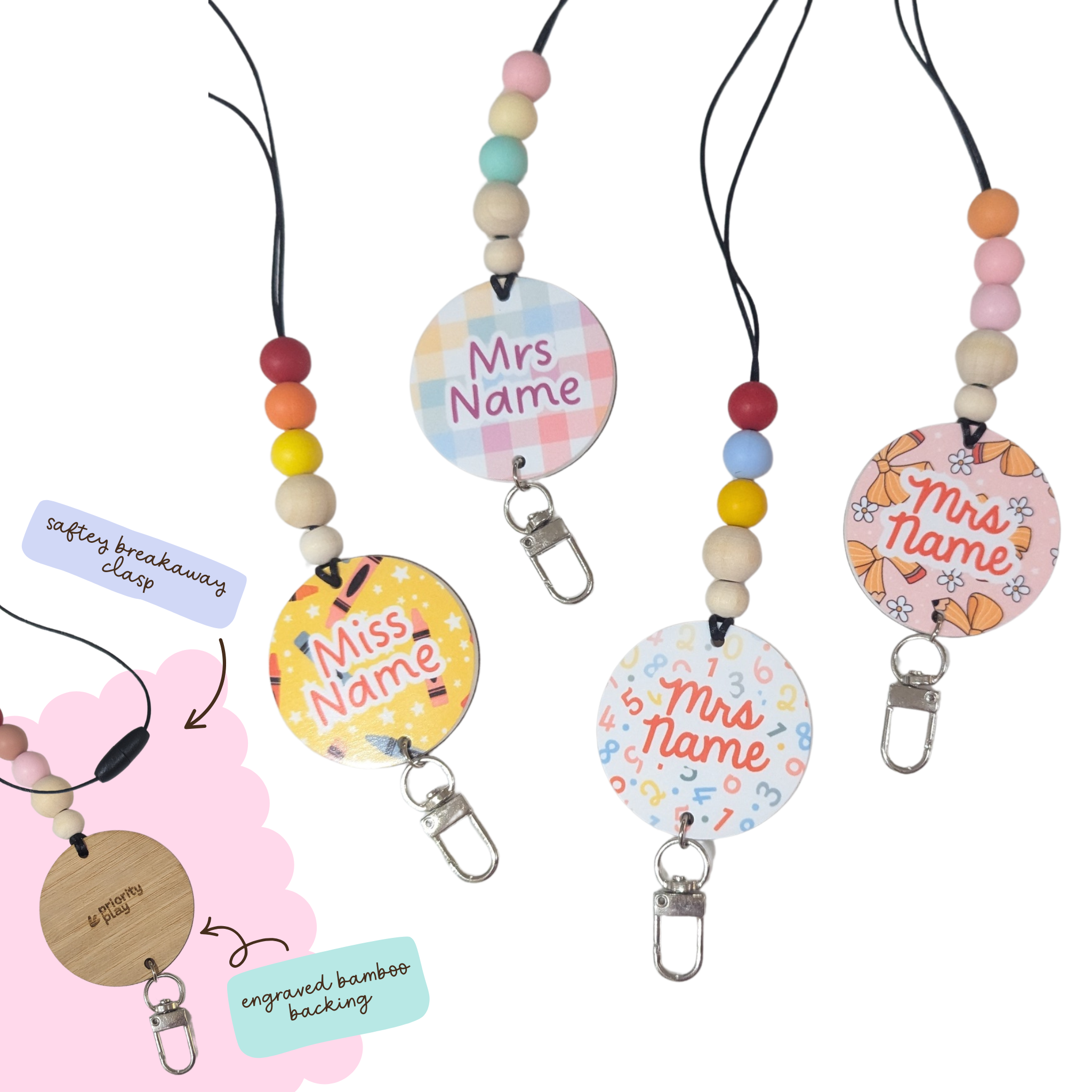 Custom name teacher lanyards with bright rainbow and numbers patterns, silicone beads, and bamboo engraved backing — perfect teacher gift.
