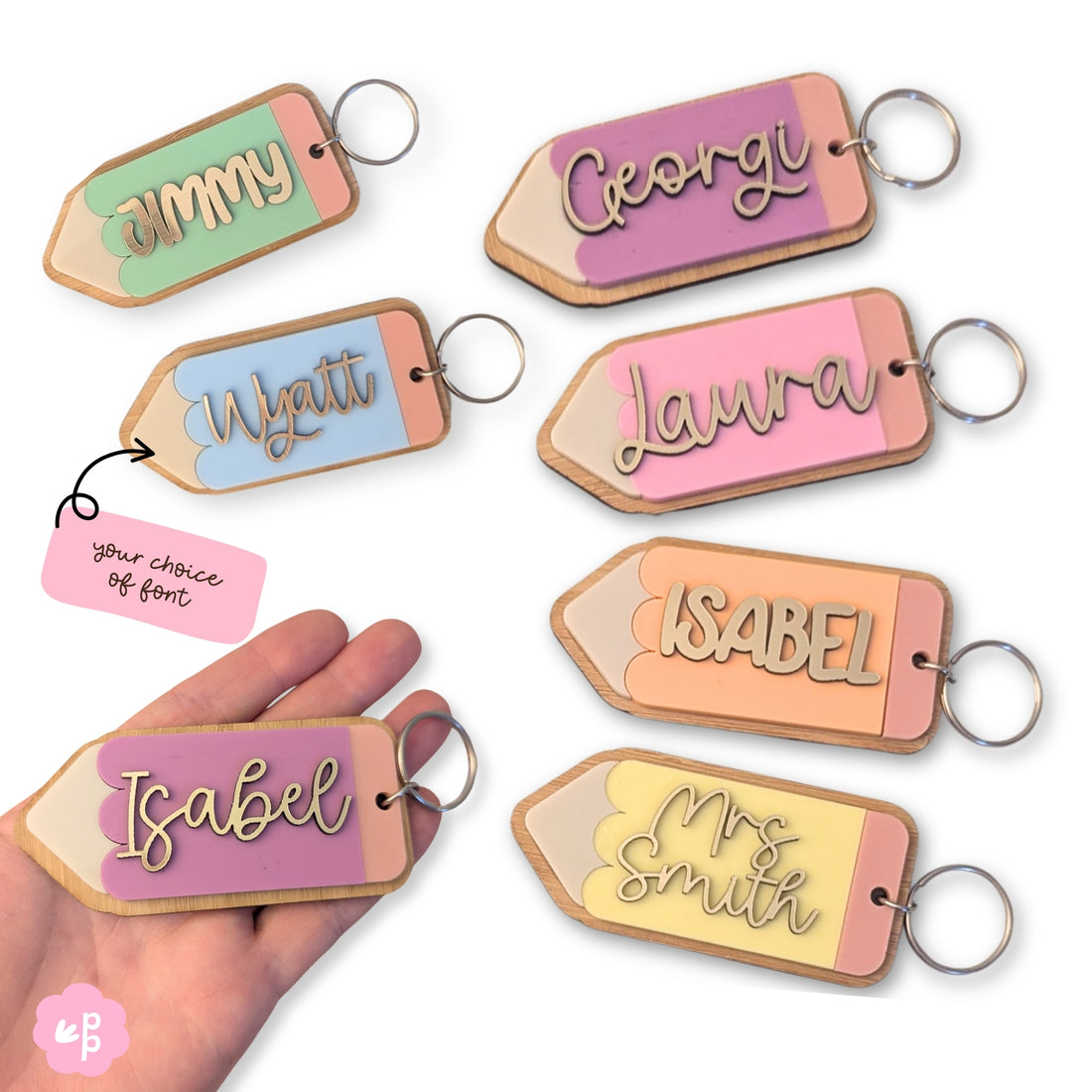 Personalised pencil name keyrings with custom font choice, pastel colours, bamboo backing and gold acrylic lettering – teacher gift Australia