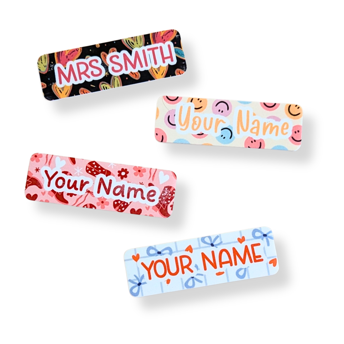 Custom teacher name badges with pastel and floral patterns – includes heart, smiley, and bow designs, perfect for educators and school staff