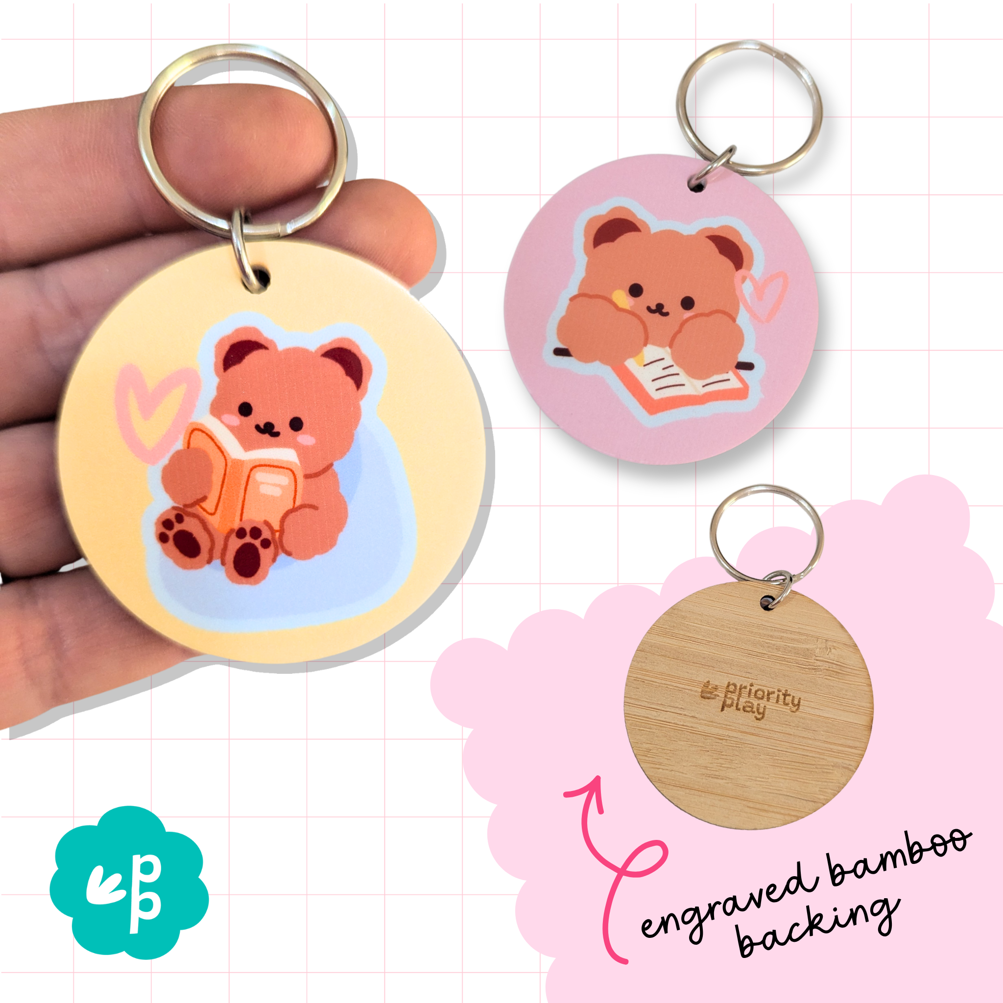 Cute bear keyring with reading and journaling bear design, featuring pastel colors and engraved bamboo backing by Priority Play