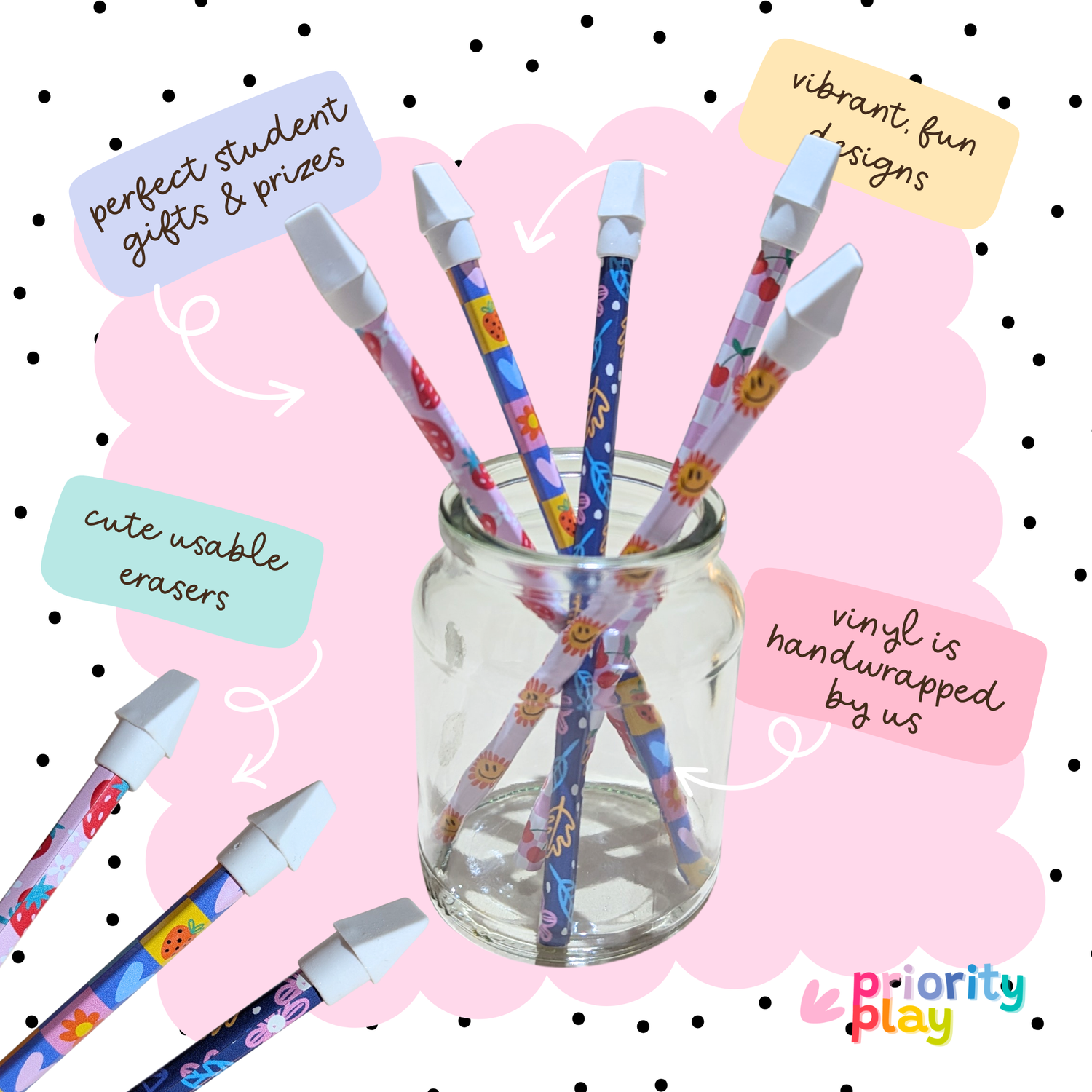Cute fruit and heart-themed vinyl wrapped pencils displayed in a decorative jar with strawberries, sunflowers, and cherries – adorable student stationery