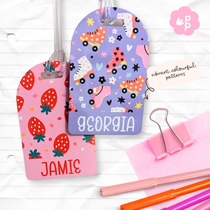 Cute personalised kids bag tags with colourful patterns styled with school stationery, custom name tags by Priority Play