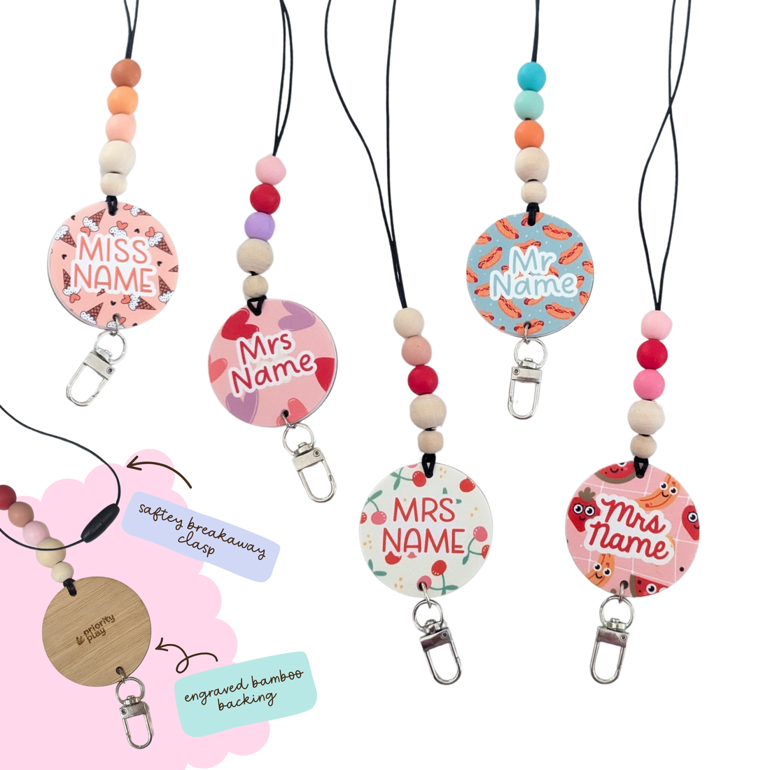 Cute personalised teacher lanyards with heart,food, and fruit patterns, engraved bamboo backing, and colourful silicone beads.