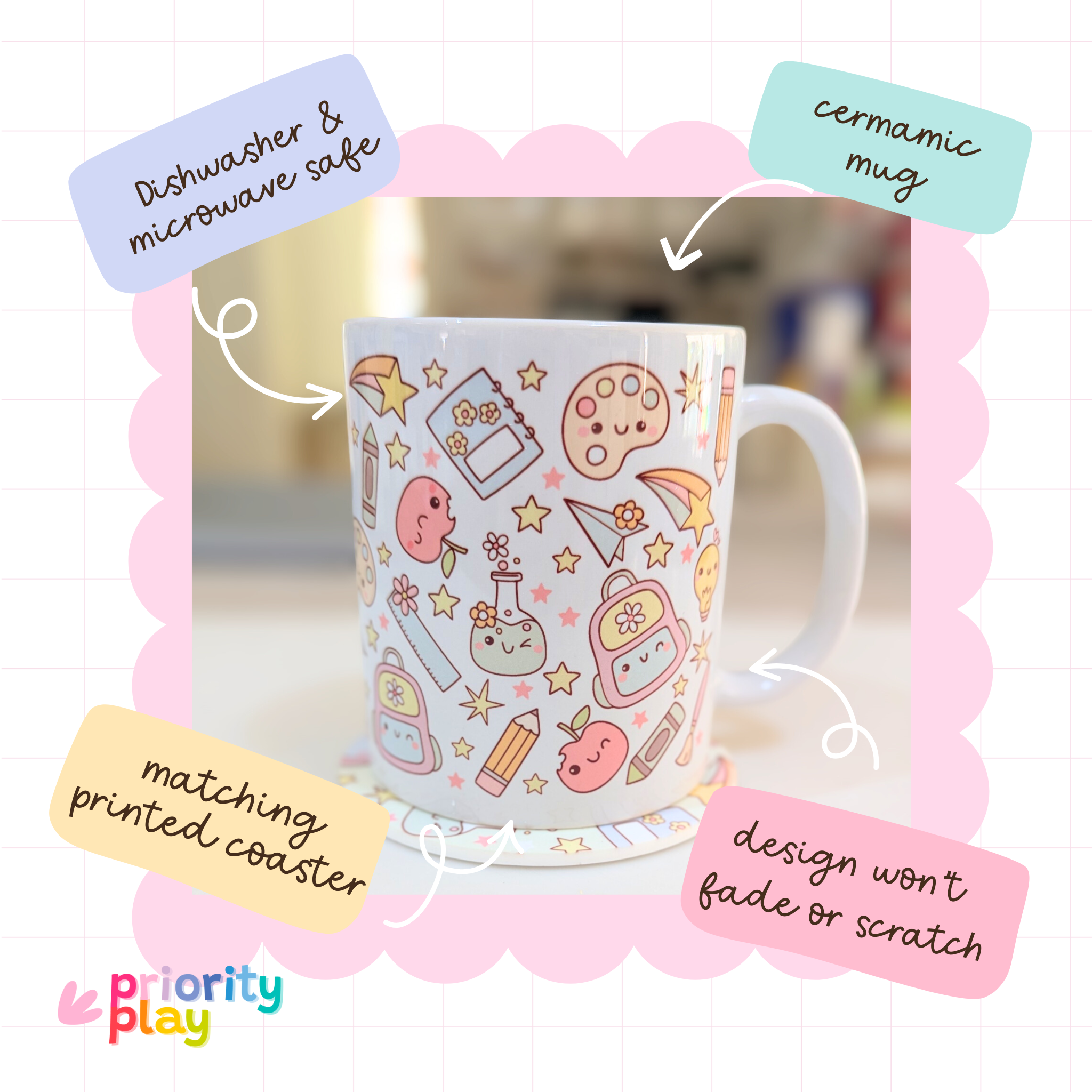 Flatlay of pastel school supplies mug and matching coaster with stars, brushes, and palette design by Priority Play.