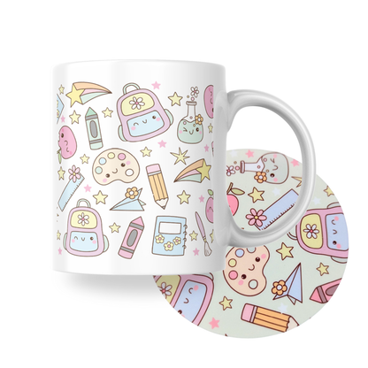 Cute school supplies ceramic mug and coaster set featuring pastel art and stationery icons from Priority Play.