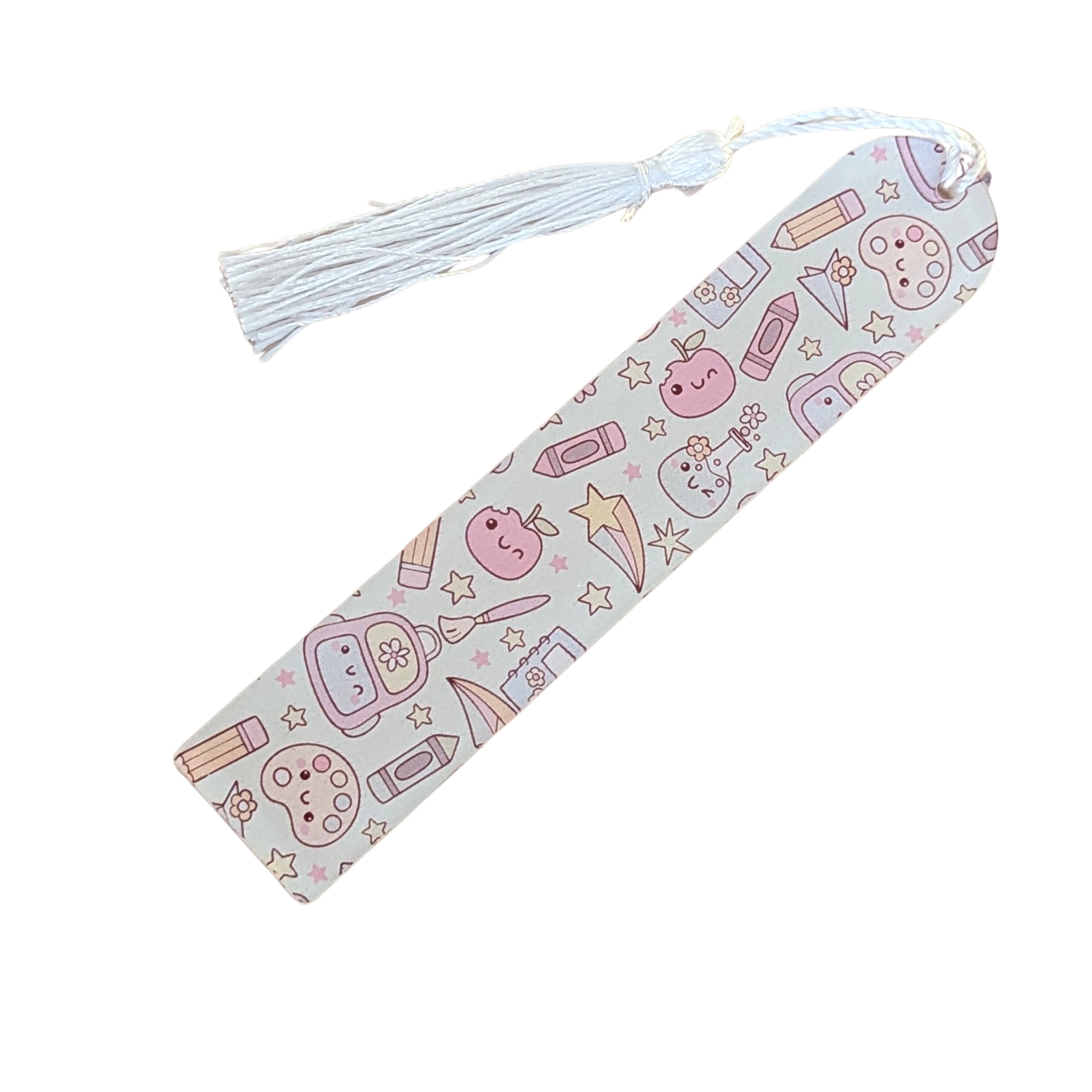 Handmade acrylic bookmark featuring cute stationery items like pens, apples, and stars with white tassel.