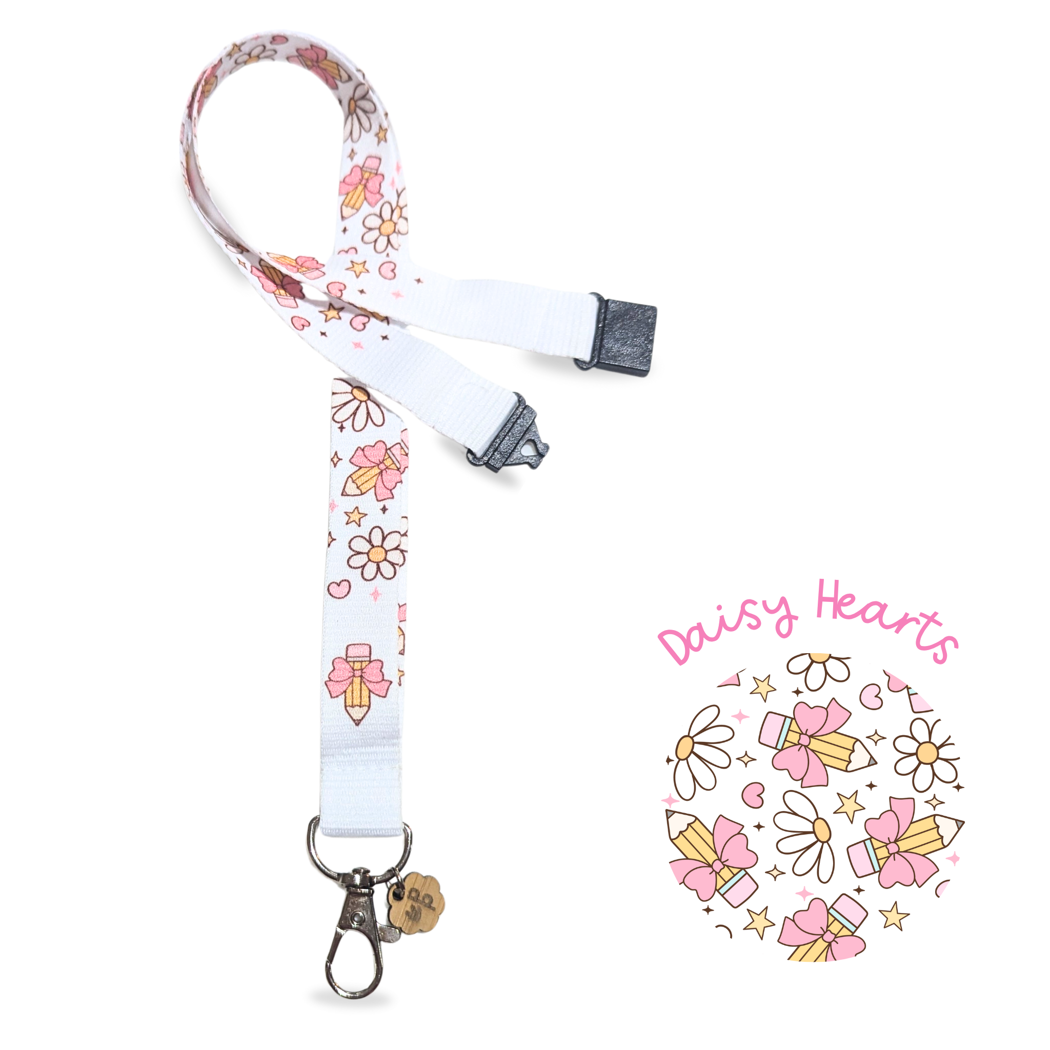 teacher lanyard with pencil and flower pattern and white background.