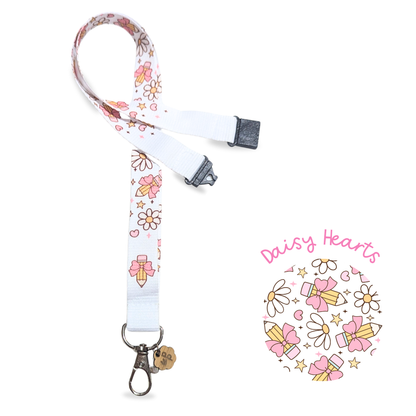 teacher lanyard with pencil and flower pattern and white background.