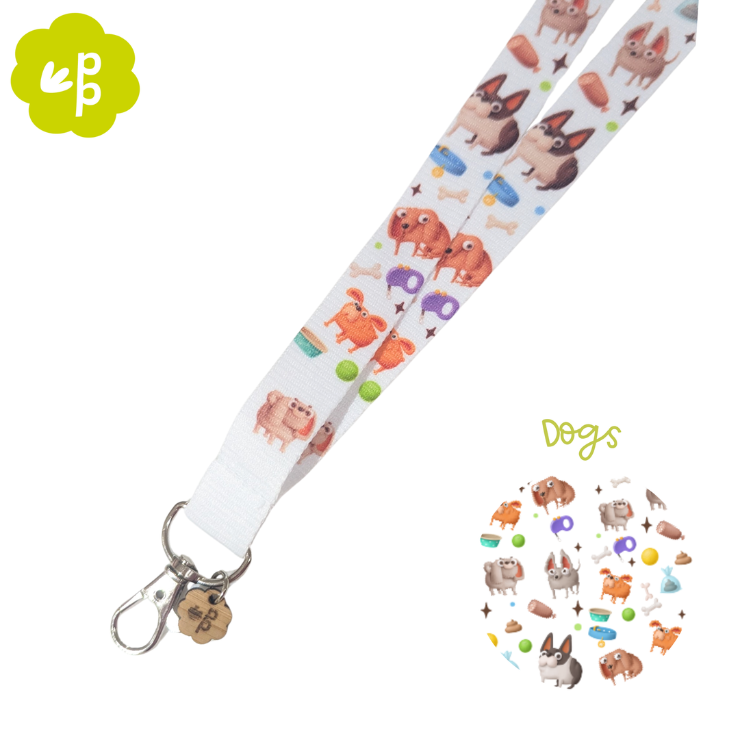 Lanyard with dog-themed design on a white background showing silver clasp
