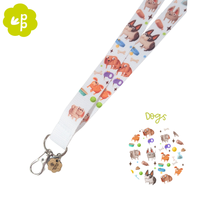 Lanyard with dog-themed design on a white background showing silver clasp