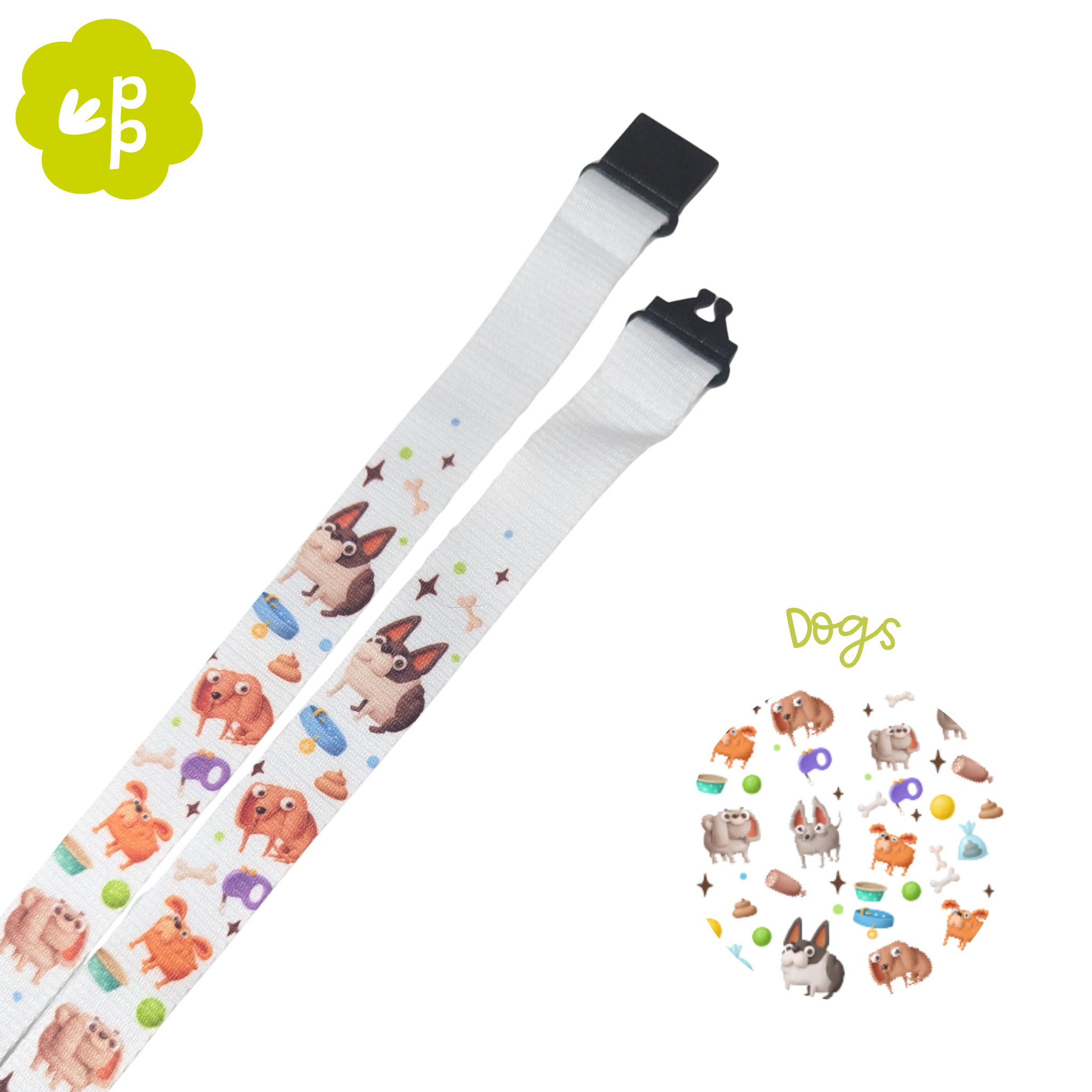 Fabric teacher  lanyard with cartoon dog pattern on a white background and breakaway clasp