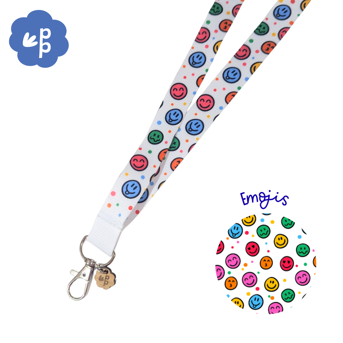 Lanyard with emoji pattern on a white background with silver clasp