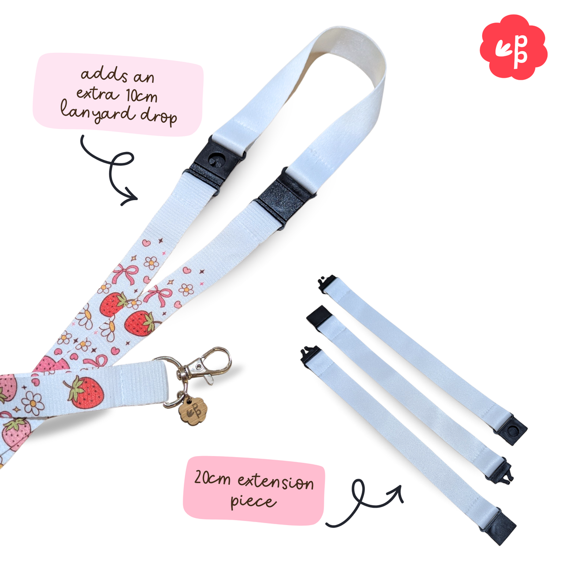 teacher Lanyard with strawberry pattern and extension piece on a white background and breakaway clasps