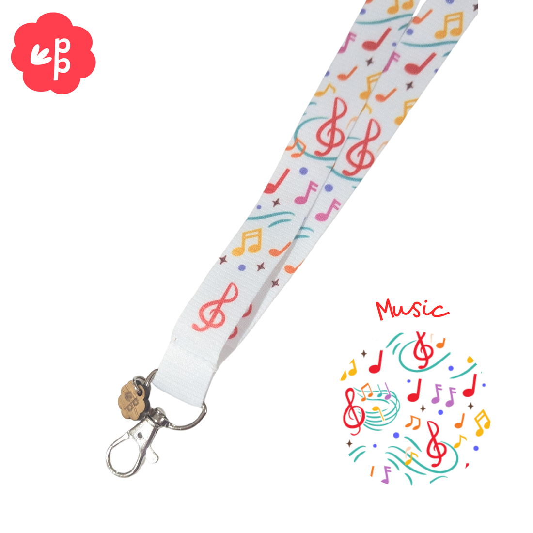 teacher Lanyard with colorful music notes design on a white background and silver clasp