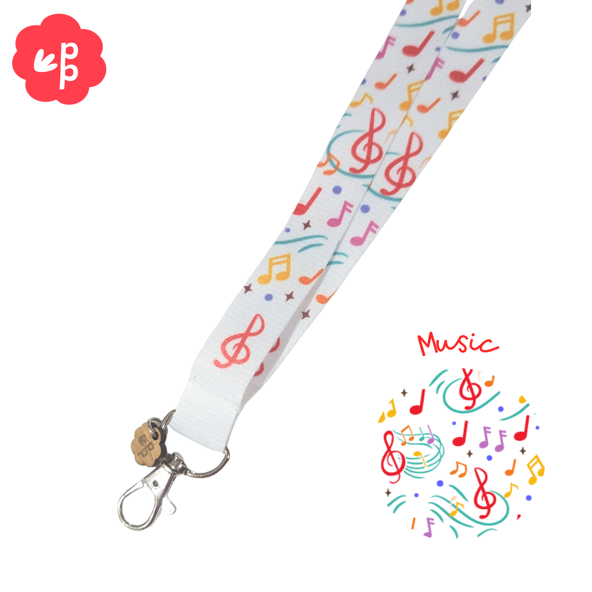 teacher Lanyard with colorful music notes design on a white background and silver clasp