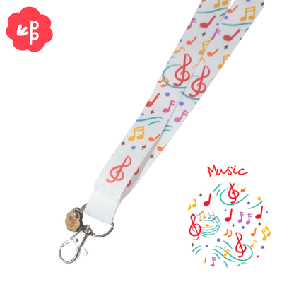 teacher Lanyard with colorful music notes design on a white background and silver clasp